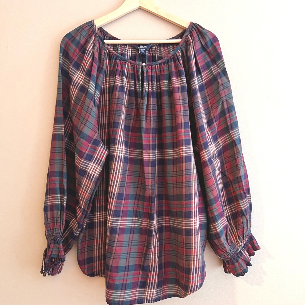 Chaps Womens 1X Plaid Peasant Blouse Long Sleeve Ruffle Cuff Cotton Top Burgundy
